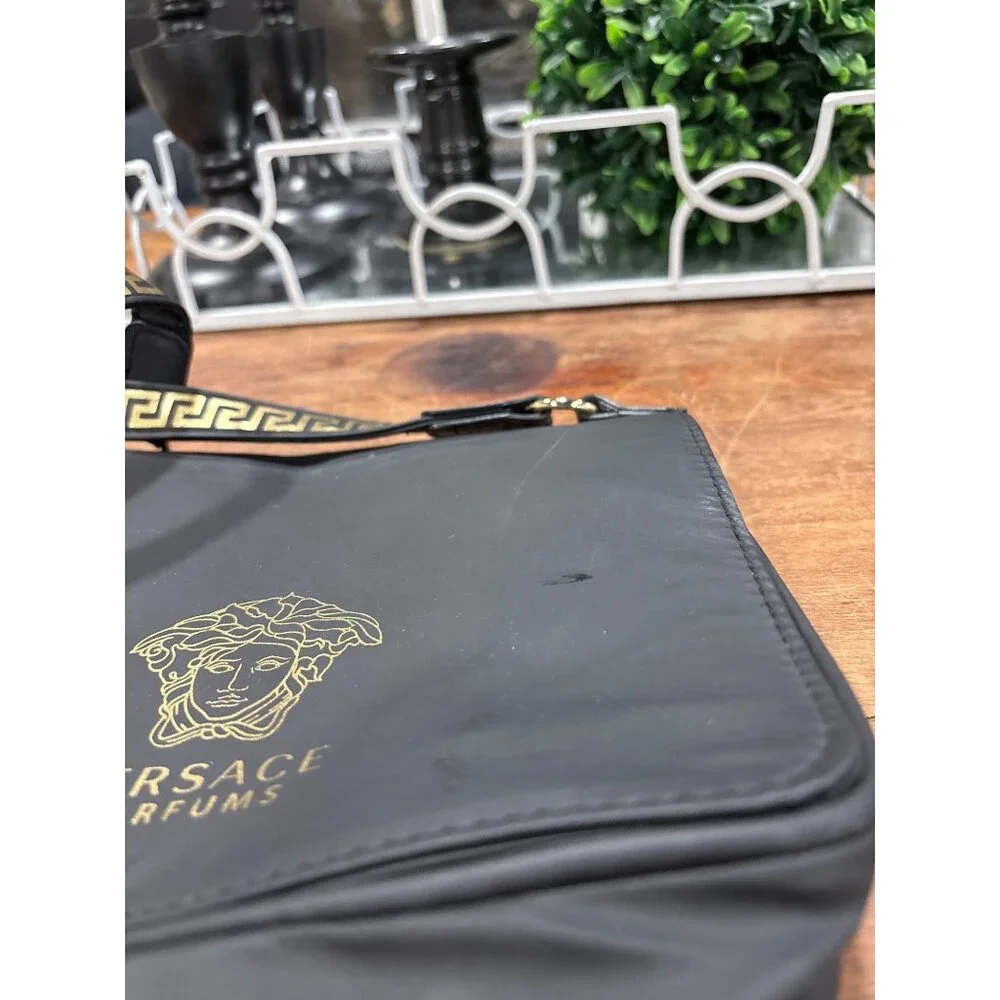 Versace Parfums Black Nylon Crossbody Bag With Gold Medusa Logo Greek Key Strap - Picture 3 of 15